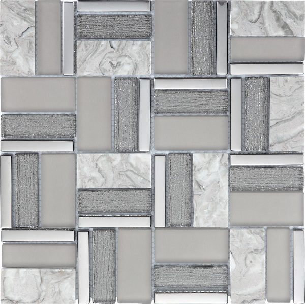 Mosaico con tessere multi forme in vetro e marmo lucido grigio