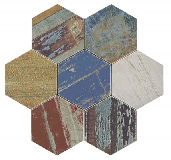 Mosaico esagonale con trame in legno