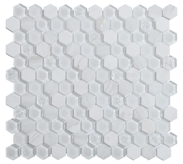 Mosaico esagonale in vetro metallo e pietra bianco