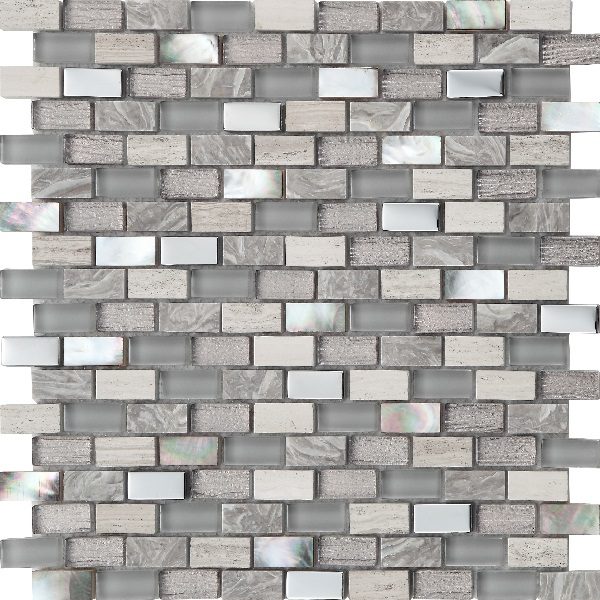 Mosaico in mardre perla pietra e vetro con tessere grettangolari piccole grigio