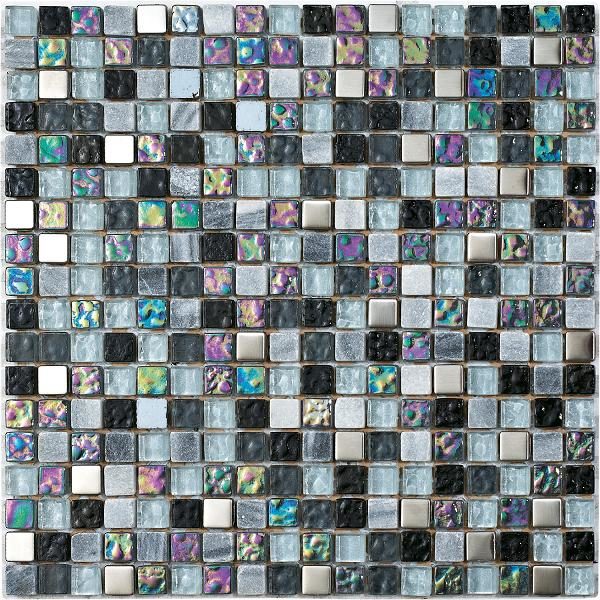 Mosaico in marmo e vetro con tessere piccole grigio-argento-viola