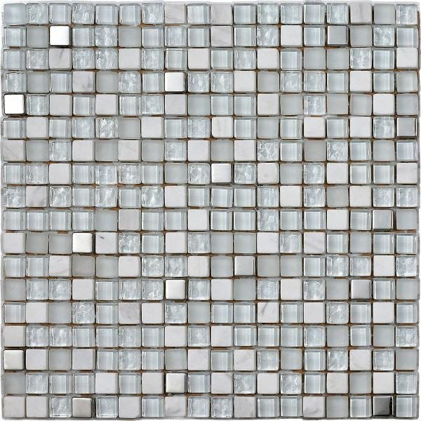 Mosaico in marmo e vetro con tessere piccole grigio bianco